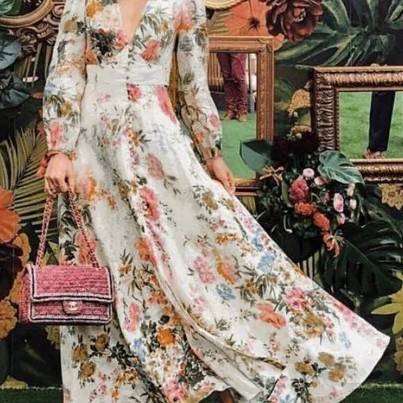 Multicolor Boho Women's Casual Elegant V-Neck Long Sleeve Floral Print Dress - Picture 3 of 8